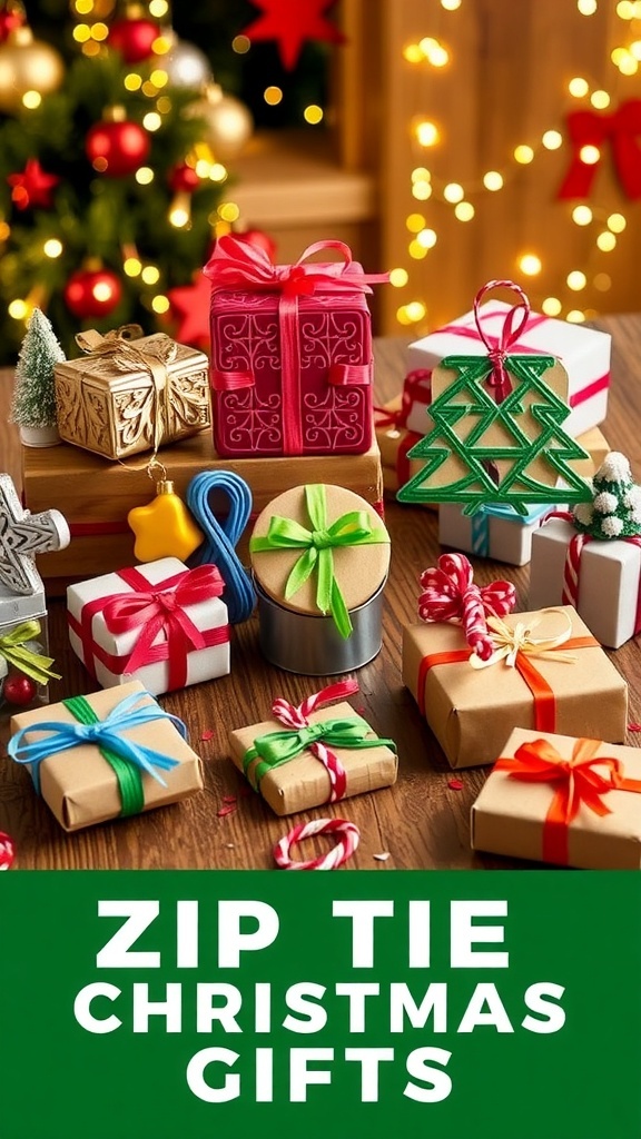 Creative Zip Tie Christmas Gift Ideas Creative zip tie gifts including keychains and ornaments on a festive table.